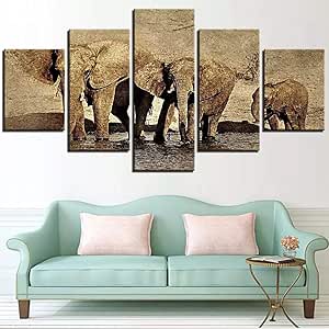 5 Cuadros en Lienzo 5 Piezas Tres Elefantes Familia Lienzo Pintura