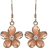 Honolulu Jewelry Company 14K Rose Gold Plated Sterling Silver CZ Plumeria Flower Nature Hook Earrings, 14mm