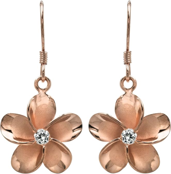 Amazon.com: 14k Rose Gold Plated Sterling Silver CZ Plumeria Hook Earrings, 14mm: Dangle 