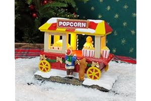 MOMENTS IN TIME Popcorn Wagon Christmas Village LED Lighted Festive Vendor Cart Handcrafted Polyresin Holiday Decoration Battery Operated Ready-to-Gift Christmas Display