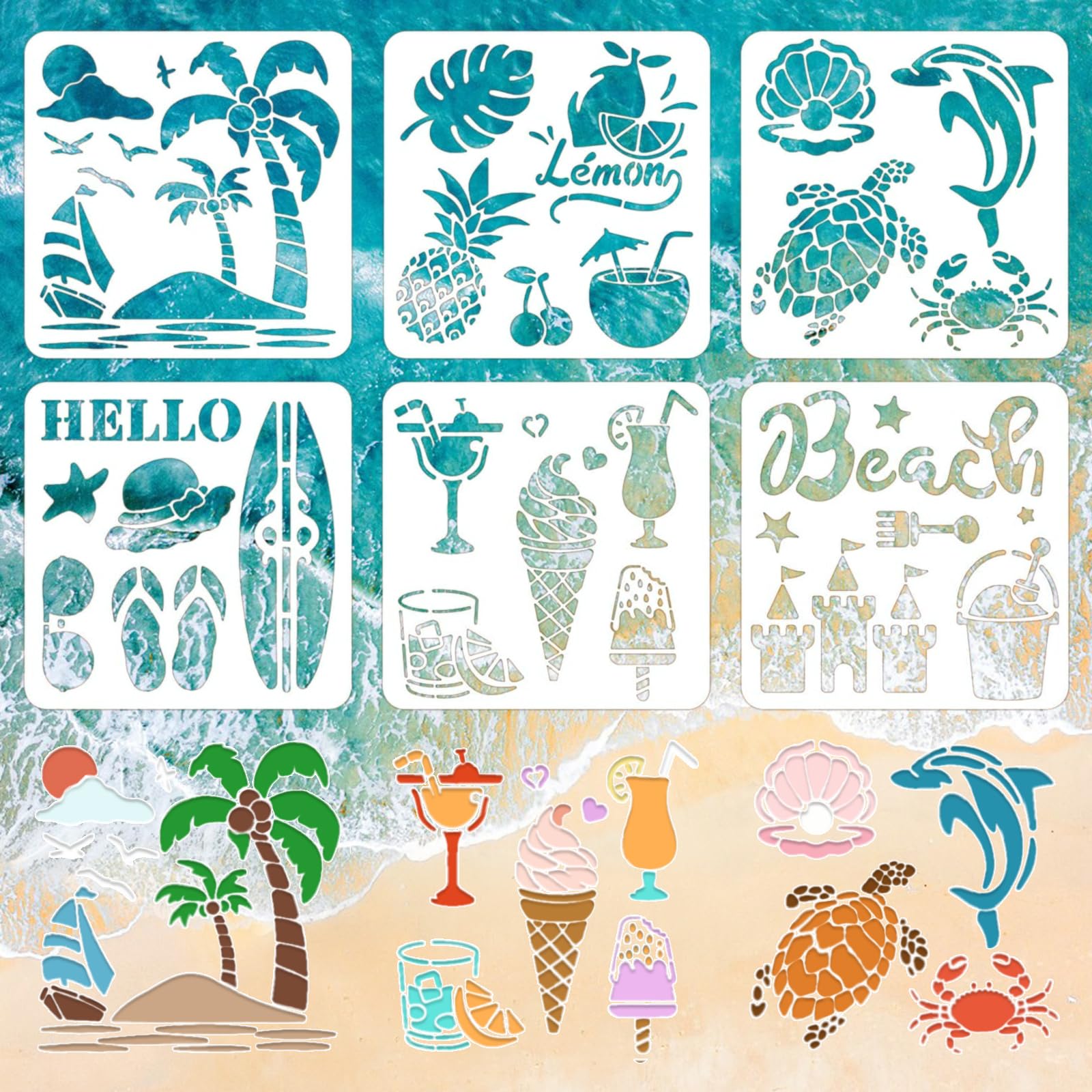INFUNLY Summer Stencils Beach Stencils for Painting on Wood 11.8" Dolphin Sea Coconut Tree Template Reusable Ocean Stencils Template Wall Stencils for Painting for Scrapbook Art Craft Wall Home Decor