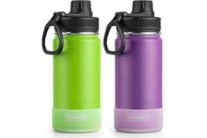 koodee Water Bottle -16 oz Stainless Steel Vacuum Insulated Metal Water Bottle for Girls, Sports Water Bottle for School 2 Pack (Apple Green-Purple)