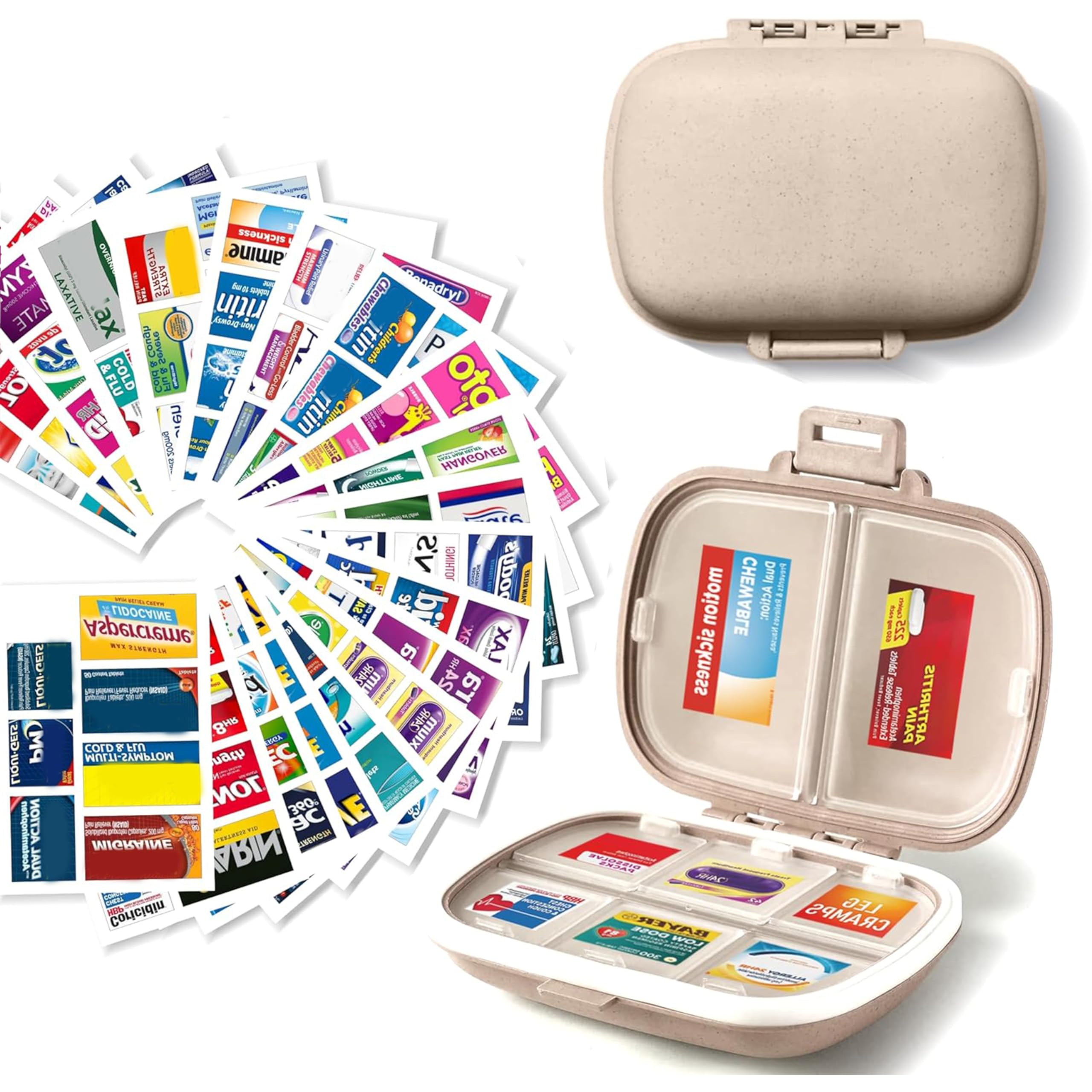 Photo 1 of iouwei Pill Organizer with Medicine Labels Travel Daily Pill Container Mini Medication Organizer Storage Pill Organizer Travel Essentials Pill Case 7 Day Pill Organizer (Beige, 161 Lables)