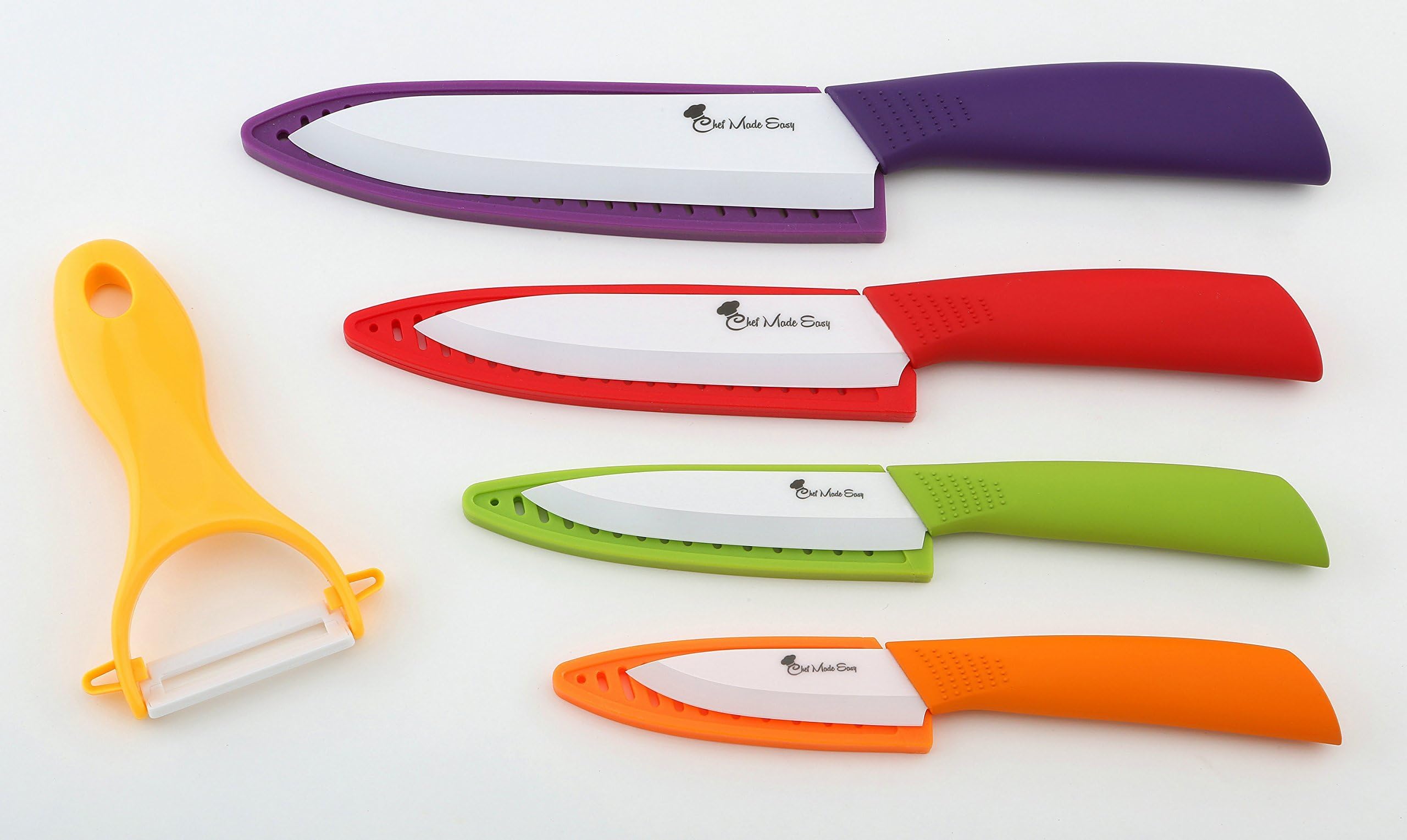 ON SALE Chef Made Easy Ceramic Knife Set 9 Piece - Kitchen Knives with Case (Knife Sheaths) - Add to Collection of Cutlery Kitchen Utensils - Use As Bread, Vegetable and Chef Knife - (Multi-Color Set)