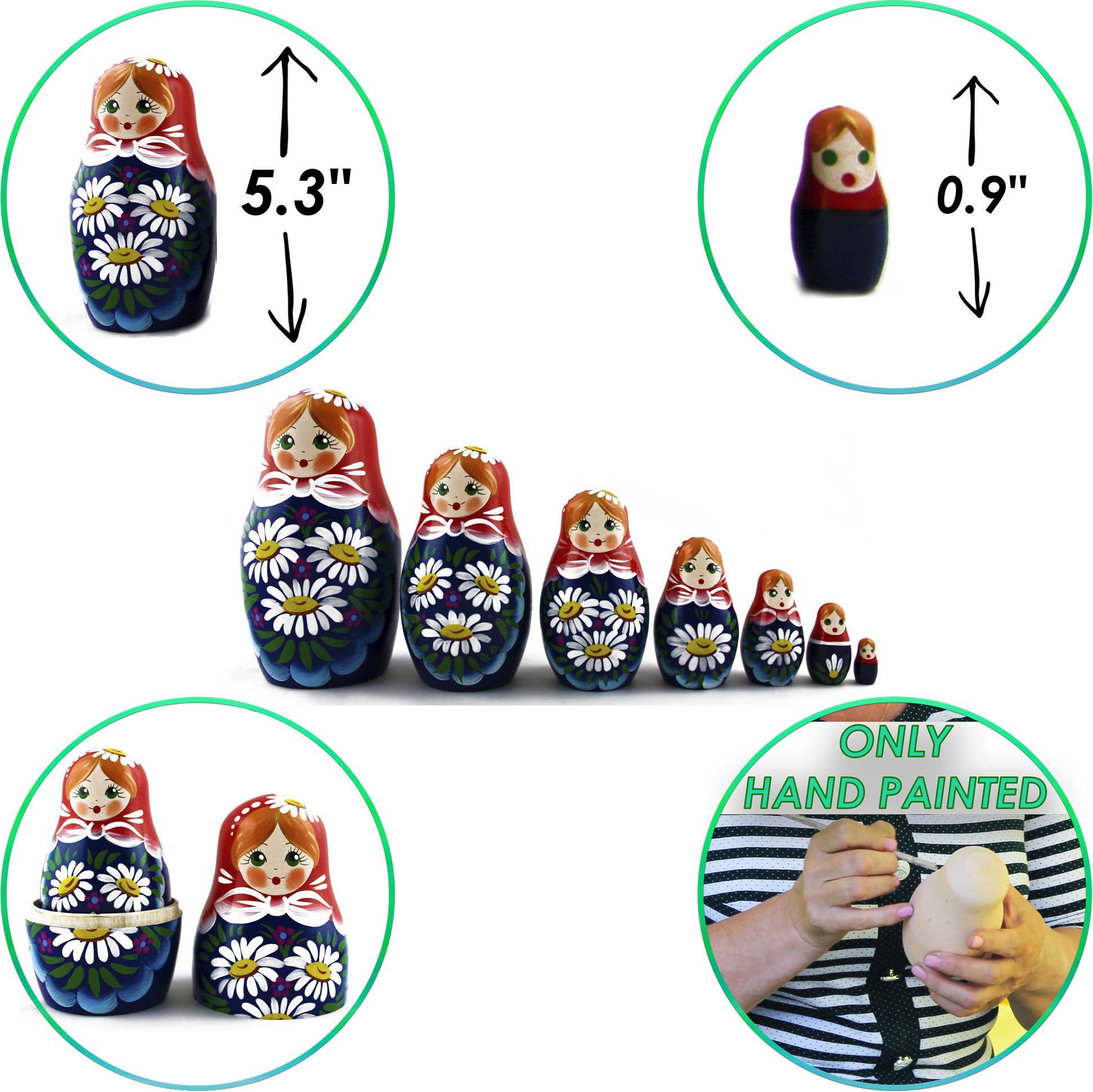 Matryoshka Matrioskas - 7 Russian Nesting Dolls for Kids - Babushka Matruska Toy Figure