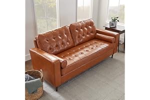 Edenbrook Lynnwood Upholstered Sofa - Couch for Living Room Office or Bedroom - Mid-Century Modern Design Furniture - Buttonless Tufting - Simple Assembly - 2 Bolster Pillows - Camel Faux Leather