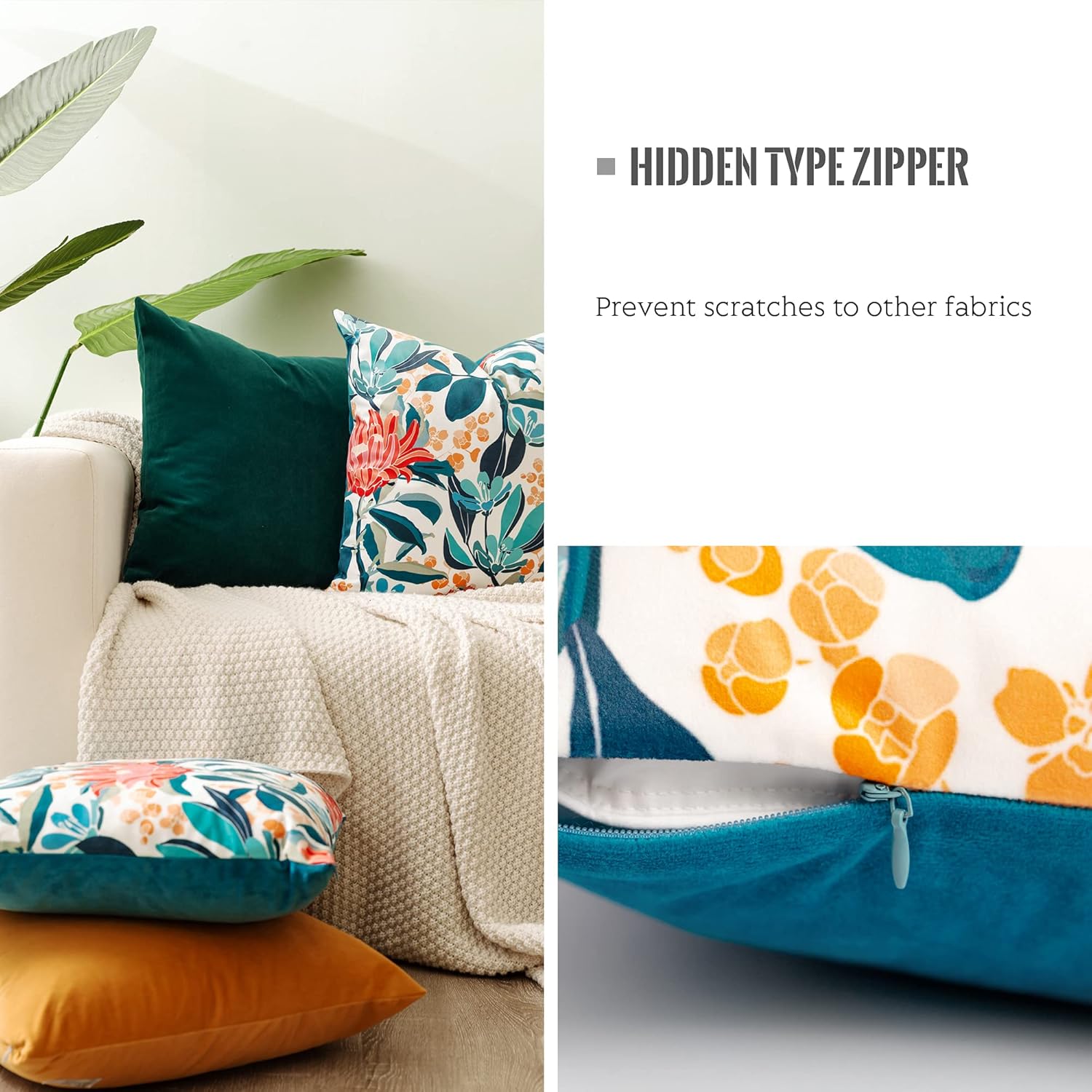 VROOMIUM Throw Pillow Covers-Teal Velvet Pillow Covers Blue 18x18 inch for Couch, Decorative Flowers Pattern Cushion Case for Sofa, Accent Pillow Cover: Home & Kitchen