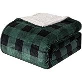 Elegant Comfort Luxury Ultra-Plush Velvet Touch Buffalo Plaid Fleece Throw - Soft, Warm, Cozy Micromink Sherpa-Backing Reversible Blanket for Bed, Sofa and Couch, Buffalo Green