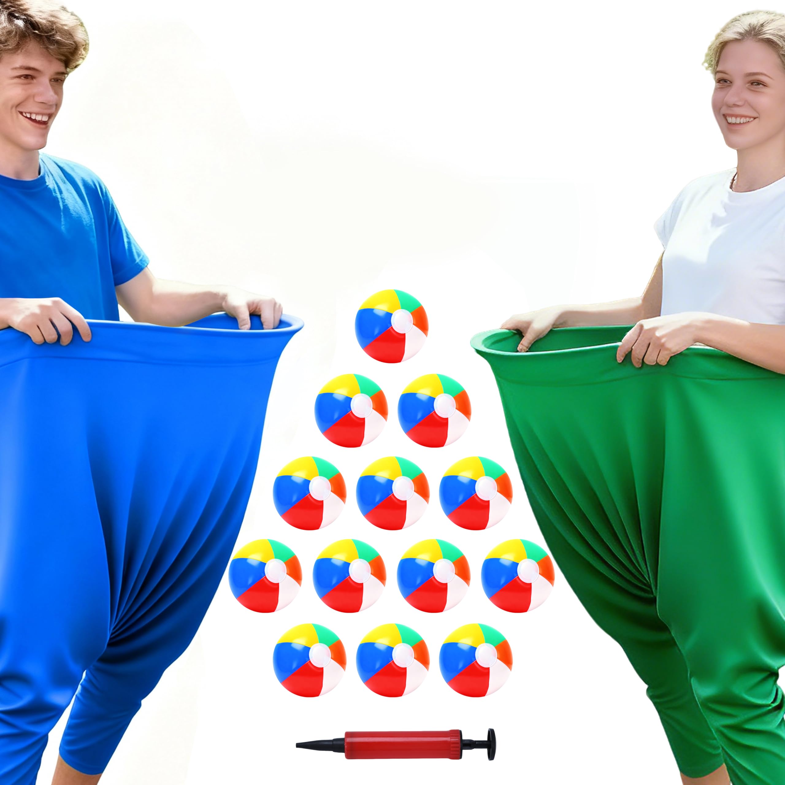 Granny Pants Yard Game Set, 2-Pack Giant Catching Trousers Blue Green with 12 Inflatable Balls 2 Hand Pumps, Funny Outdoor Relay Race Garden Party Lawn Game for BBQ Hen Party Team Building