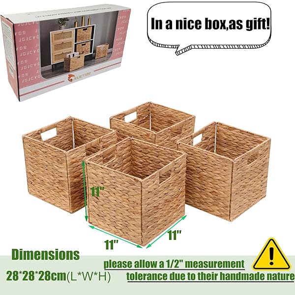 JGJCYO9 STORAGE BASKETS 11X11INCH CUBE BASKETS 4 PCS BASKETS,FOLDABLE HANDWOVEN WATER HYACINTH LAUNDRY ORGANIZER,CUBE STORAGE BASKETS