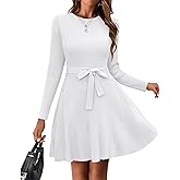 HOTOUCH Women's Fall Winter Casual Dress Crewneck Long Sleeve A-Line Sweater Dress Bodycon Ribbed Knit Dress with Belt
