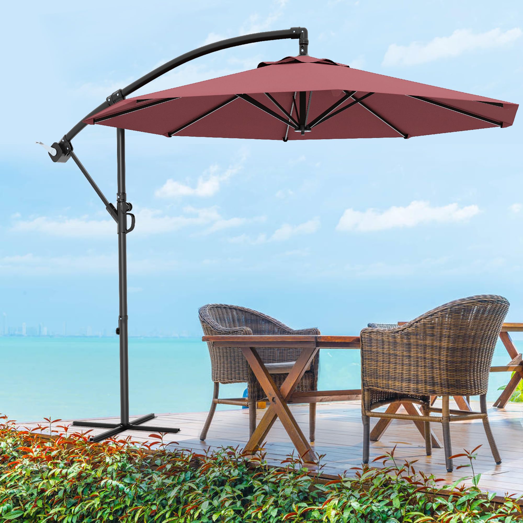 Photo 1 of 10 FT Patio Cantilever Umbrella, Outdoor Offset Umbrella with Easy Tilt Adjustment, 8 Ribs, UV Protection for Backyard, Lawn, Garden and Poolside (Wine Red)