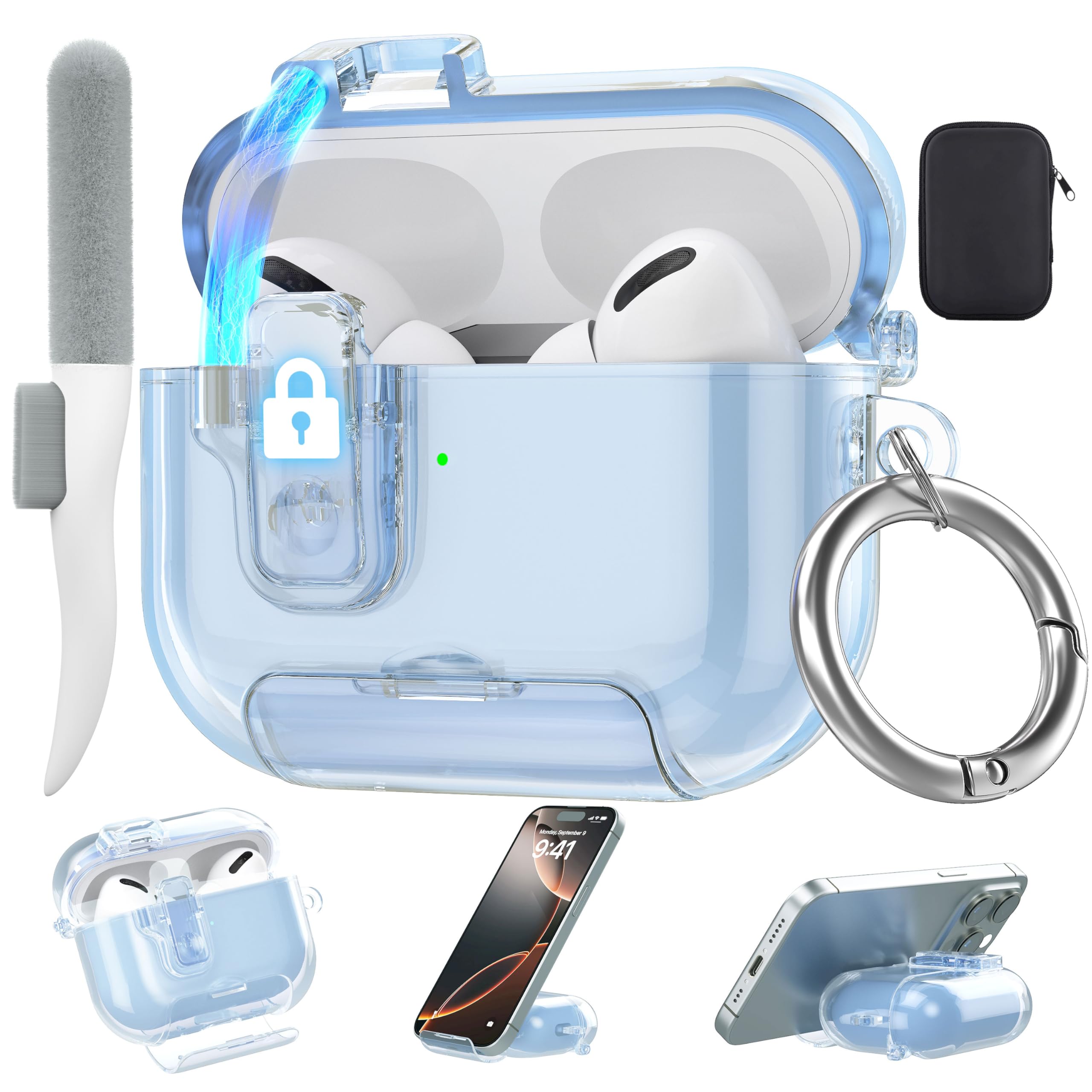 Photo 1 of Valkit Compatible with Apple Airpods Pro 3 Case 2025, Clear Magnetic Automatic Lock Cases with Phone Stand &Cleaning Kit for Air pod Pro 3 Gen, iPods Pro 3 Earbuds Keychain Case for Airpod Pro 3, Blue
