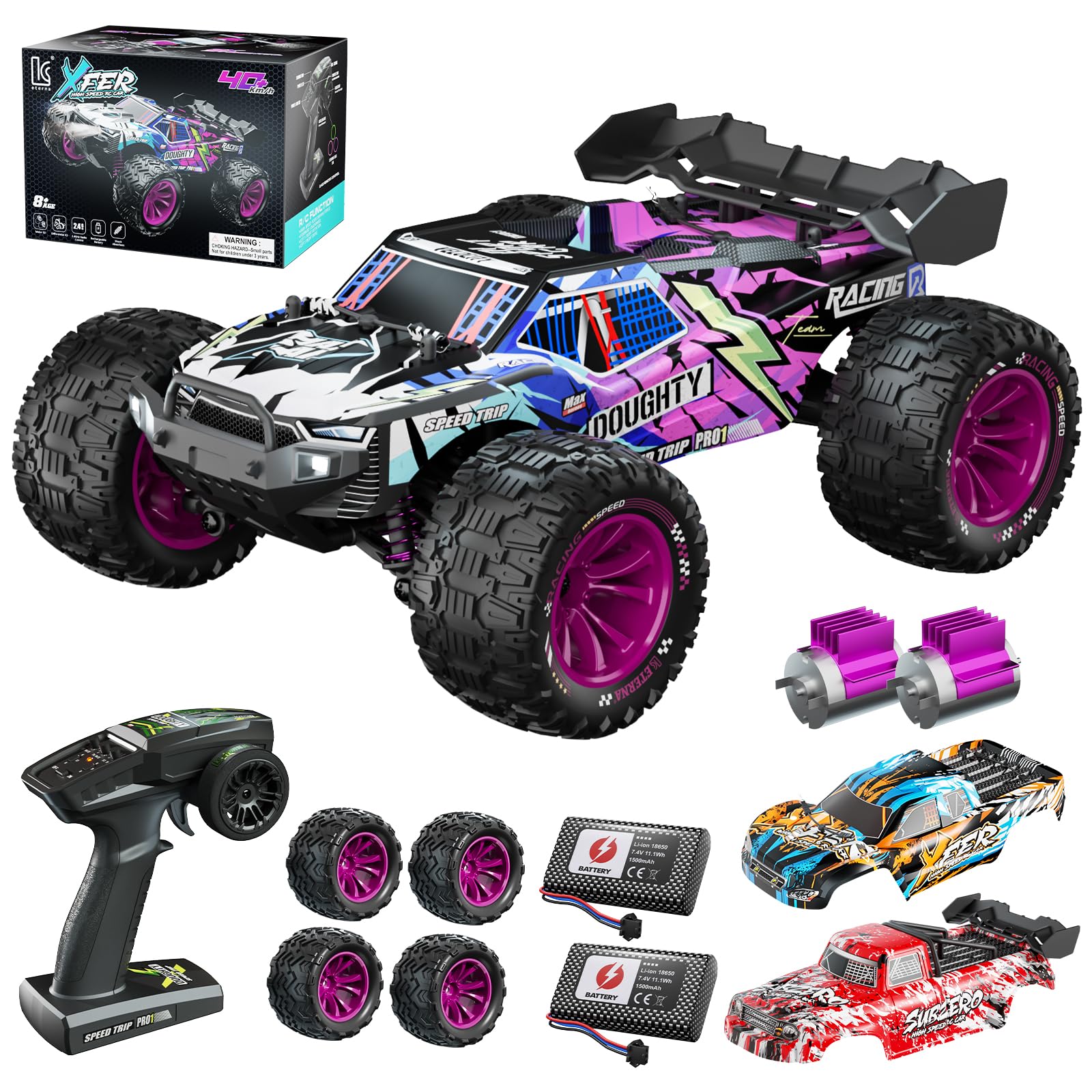 Photo 1 of 1:16 Scale Fast RC Truck, 4WD RTR RC Off-Road Car, High Speed 40 Km/h, 2.4 GHz All Terrain Racing Car with 3 Shells & 2 1500mAh Li-ion Rechargeable Batteries for Boys and Adults
