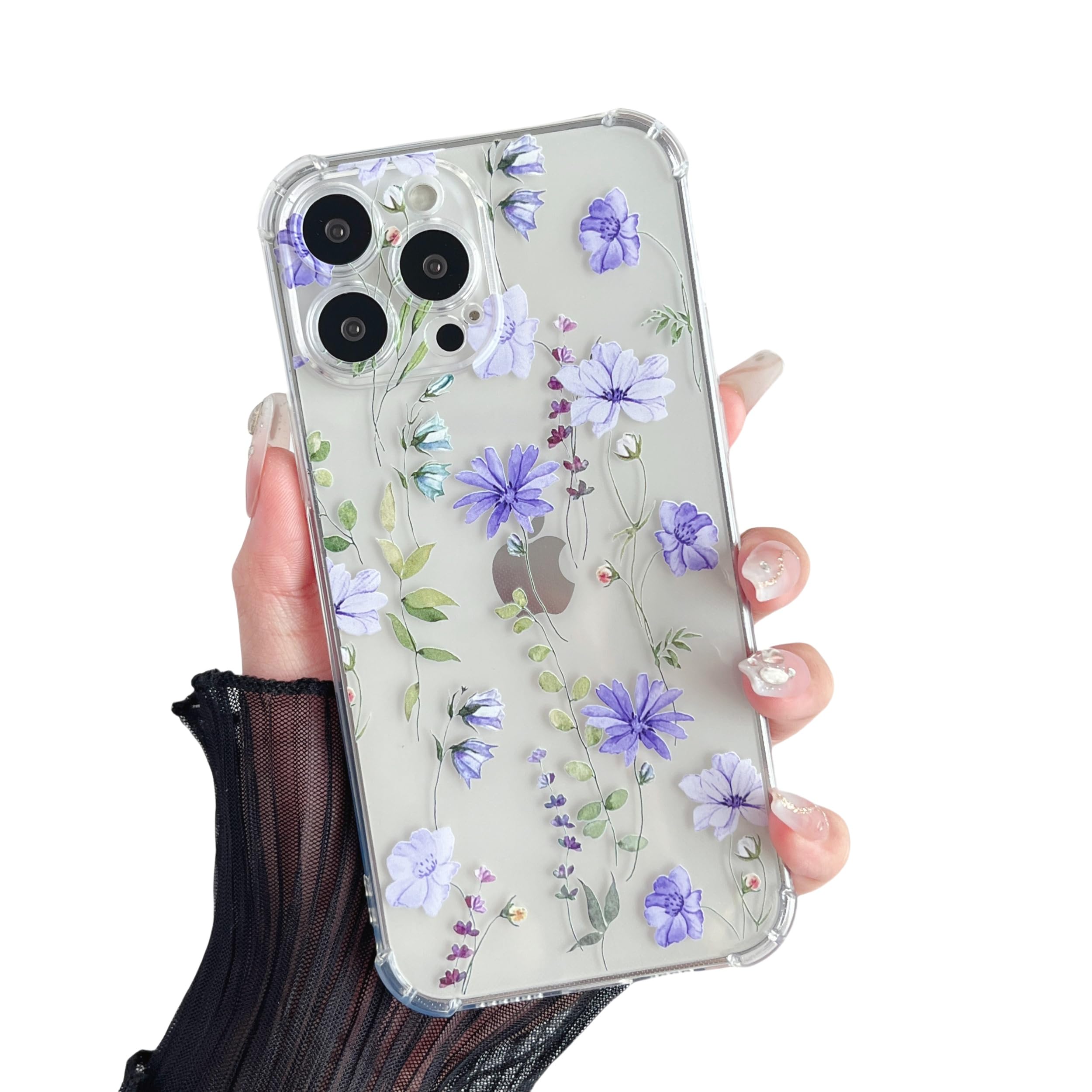 DEFBSC Case for iPhone 13 Pro Max, Cute Clear Floral Flower Pattern Design for Girls Women Slim Fit Shockproof Soft TPU Bumper Protective Cover - Purple