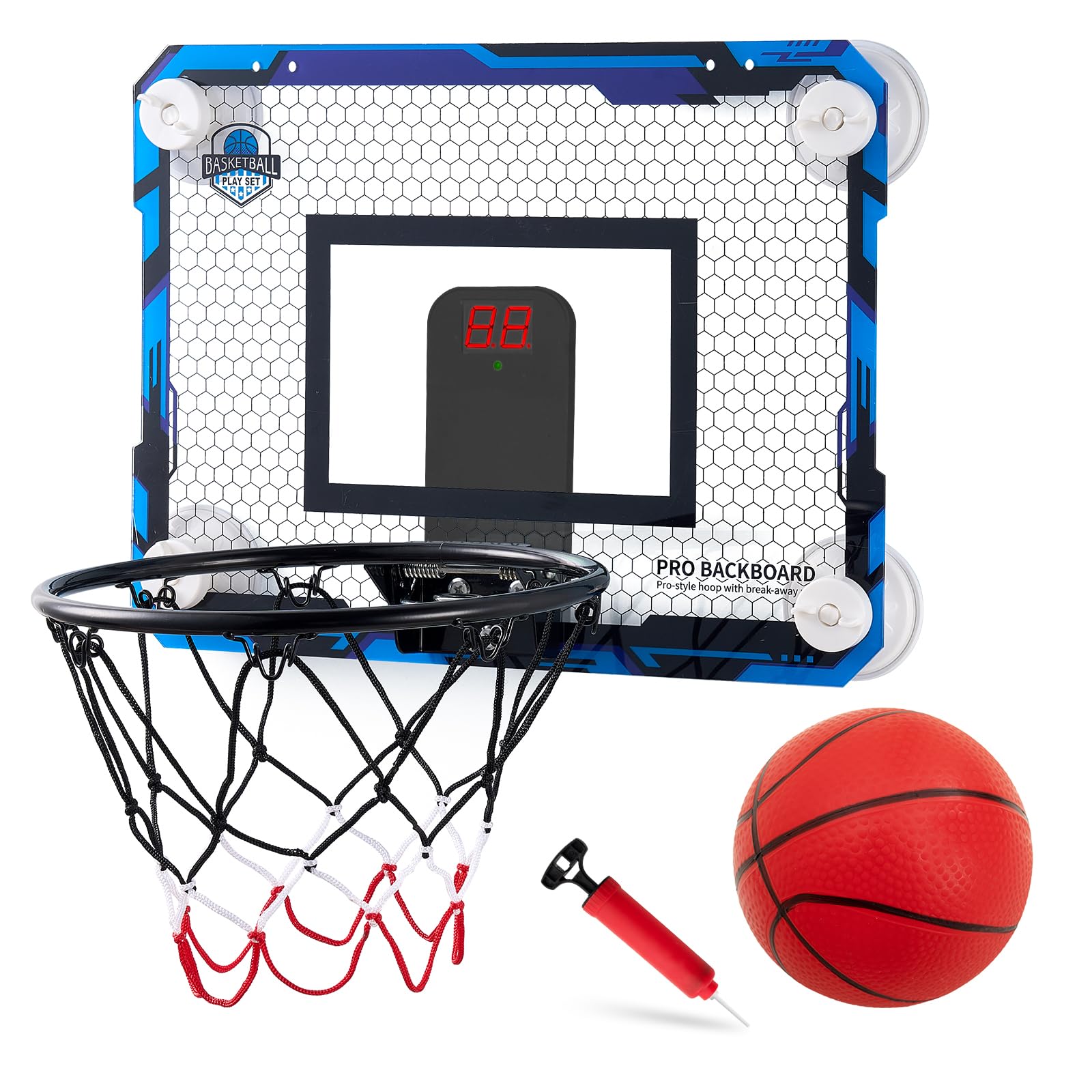 Photo 1 of RUNBOW Indoor Mini Basketball Hoops Backboard with Powerful Suction Cups,Wall Mounted Door Basketball Hoops,Toys with Balls Gifts for Kids Boys Teens(43x30CM, Blue No Scorer)
