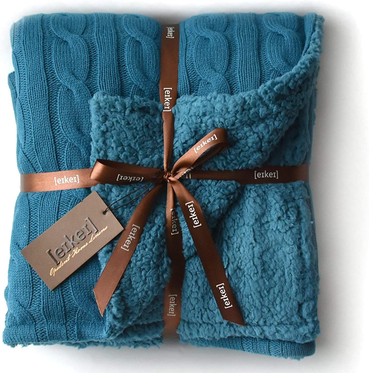 EikeiCable Knit Sherpa Oversized Throw Reversible Blanket Faux Sheepskin Lined Cozy Cotton Blend Sweater Knitted Afghan in Grey White or Turquoise Blue (X-Large Teal)