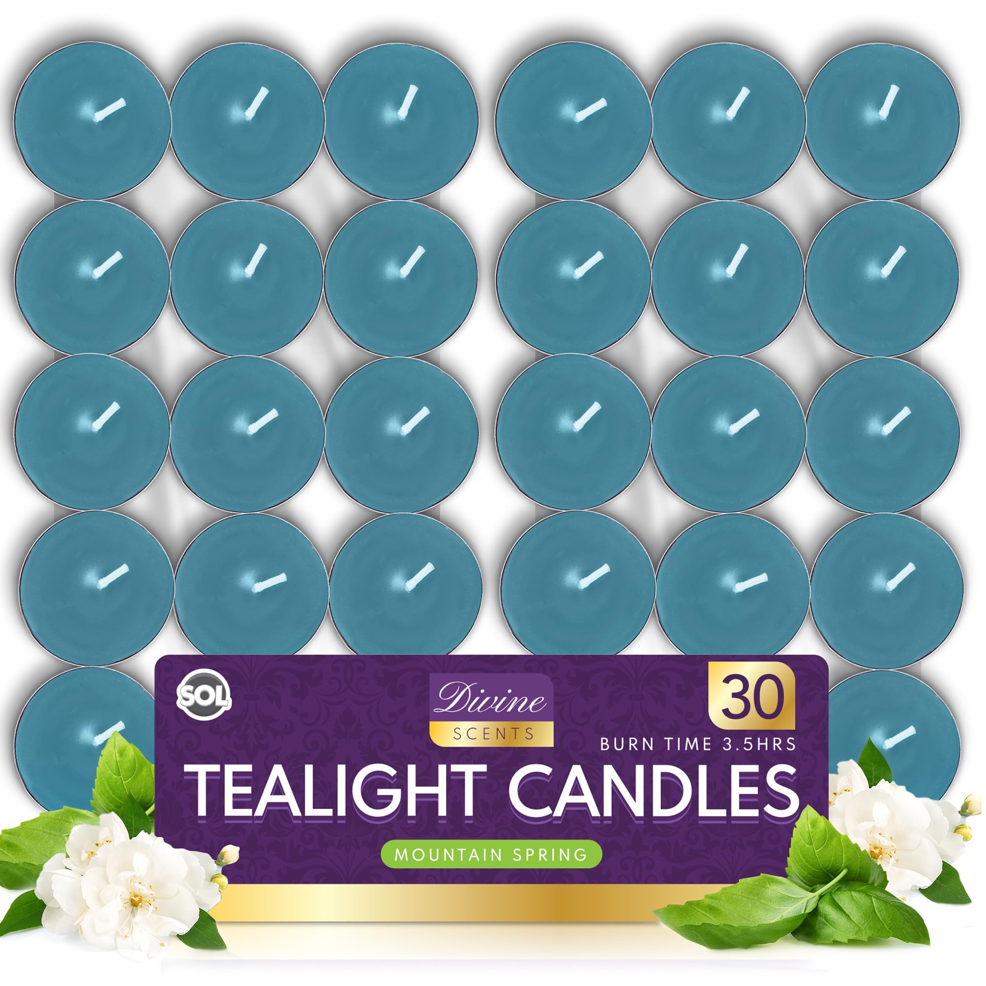 SOL 30pk Mountain Spring Scented Tea Light Candles Long Burning – 3.5 Hour Burn Time, Ideal for Home, Relaxation, Spa, Massage, Romantic Dinners, Weddings, Anniversaries, Festive Decor & Cosy Evenings