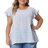Agnes Orinda Plus Size Women's Summer Tops Floral Round Neck Short Sleeves Ruffle Casual Blouses
