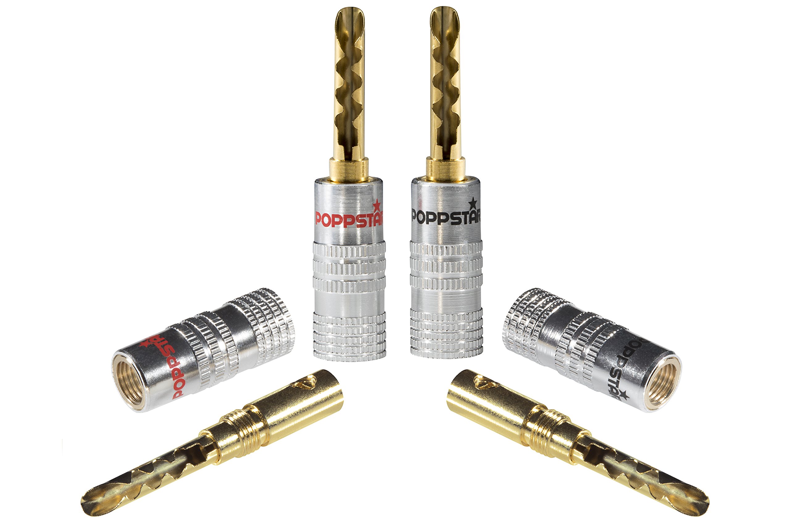 POPPSTAR 4x Hollow Banana Plugs, banana plugs for speaker cables (up to 6mm²), speakers, receivers, 24k gold-plated contacts (2x black, 2x red)