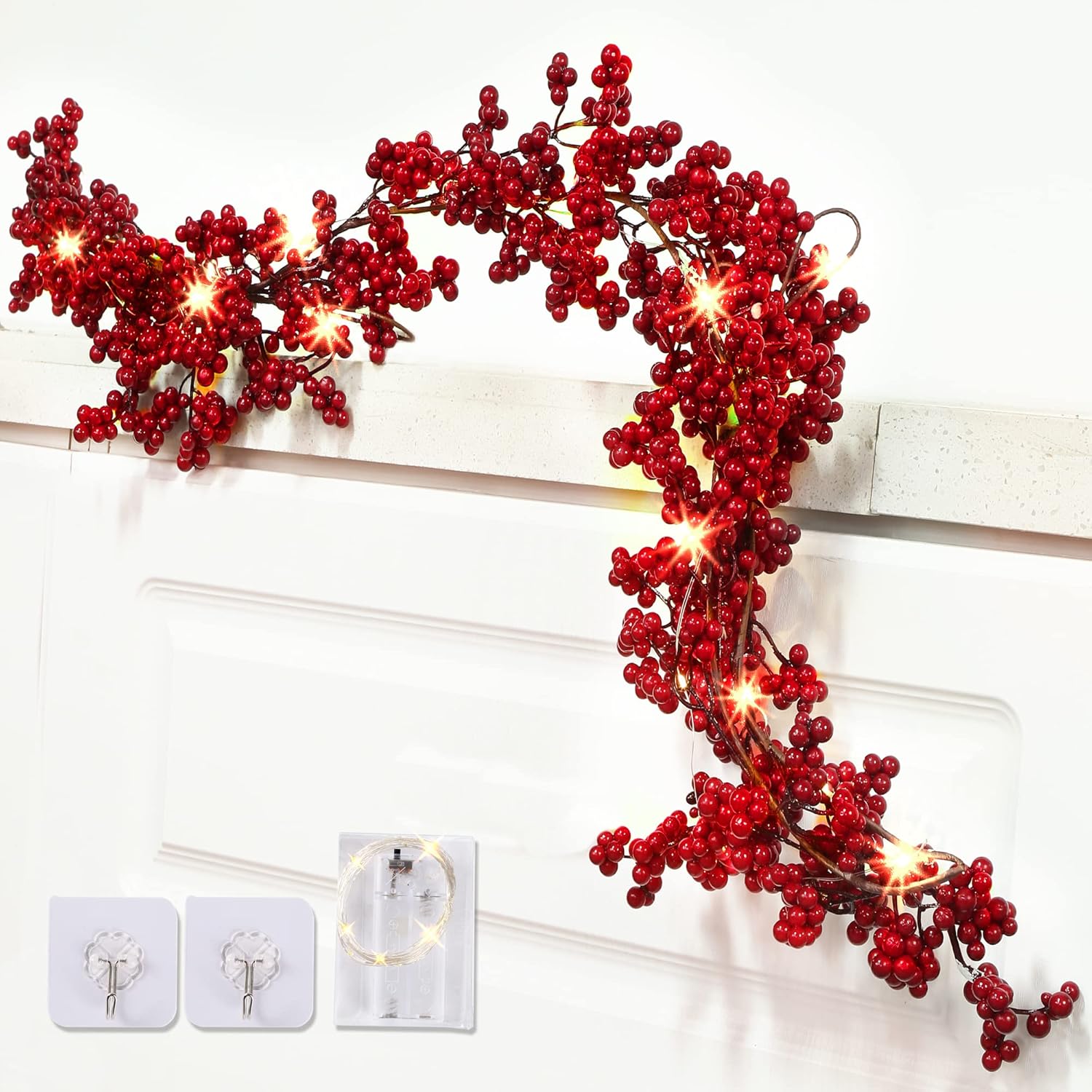 Wreaths, Garlands & Swags - Sggvecsy Red Berry Garland Lighted Burgundy Berry Christmas Garland Artificial Berry Garland 6Ft for Christmas Winter Holiday Fireplace Mantel Table New Year Indoor Outdoor Decoration