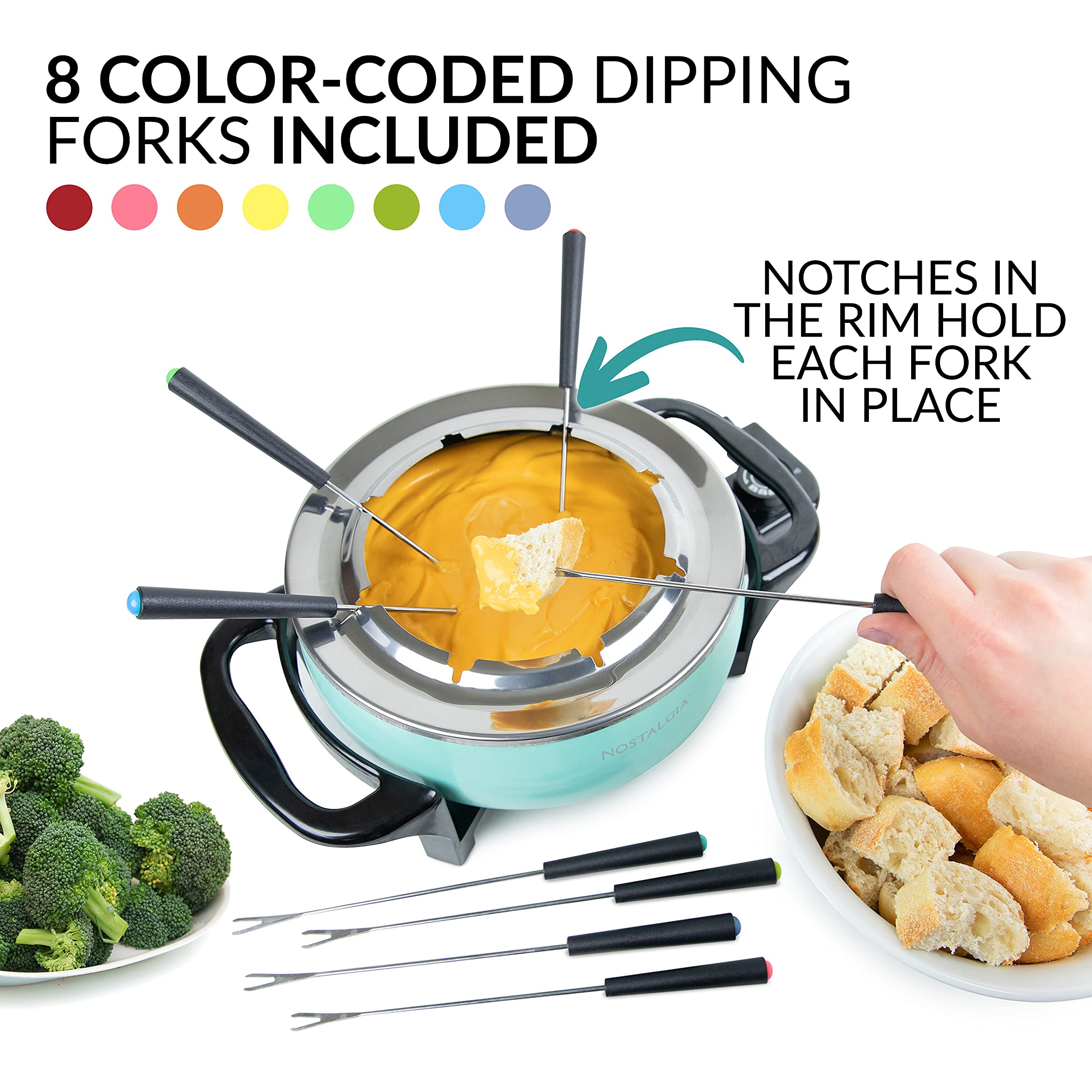 Nostalgia 12-Cup Electric Fondue Pot Set for Cheese & Chocolate - 8 Color-Coded Forks, Temperature Control - Stainless Steel Kitchen Gadgets and Appliances for Hors d'Oeuvres and More - Aqua