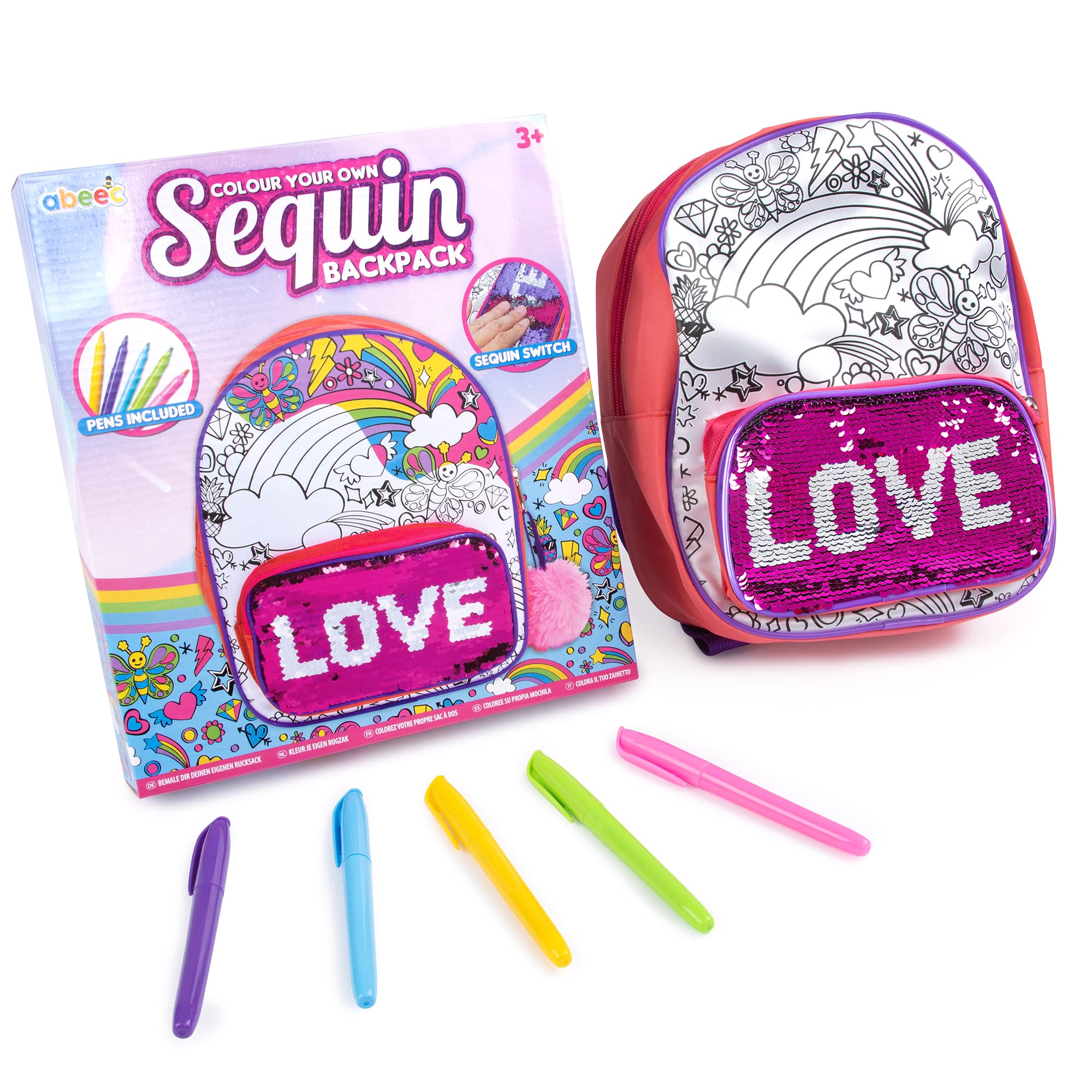 abeec Colour Your Own Backpack - Design Your Own Backpack with Sequin Front Pocket and Coloured Pens - Arts and Crafts Activity Set Colour Your Own Bag for Girls 6+