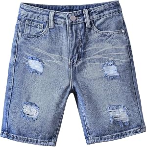Boys Ripped Jean Shorts Kids Retro Distressed Denim Shorts Summer Casual Straight Leg Bermuda Short Pant