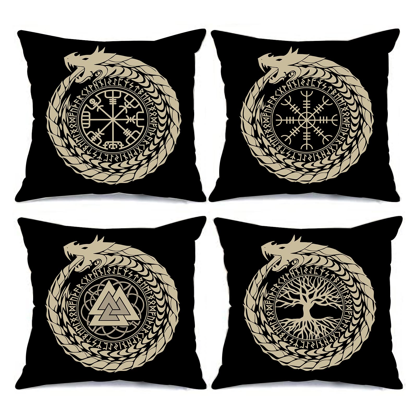 Nordics Vikings Runes Throw Pillow Covers Tree of Life,Norse Fantasy Dragon Pillow Covers 4 Set Runic Compass Vegvisir Outdoor Pillow Cases Cushion Covers for Living Room Couch Sofa Gift(18 x18 Inch)