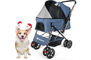 Wedyvko Medium Dog Stroller 50lb - Pets Stroller for Medium Dogs with Reversible Handlebar, 360 Front Wheel, Foot Brake, Wide Mesh Canopy, 2 Security Leashes, Cup Holder, Storage Basket, Blue