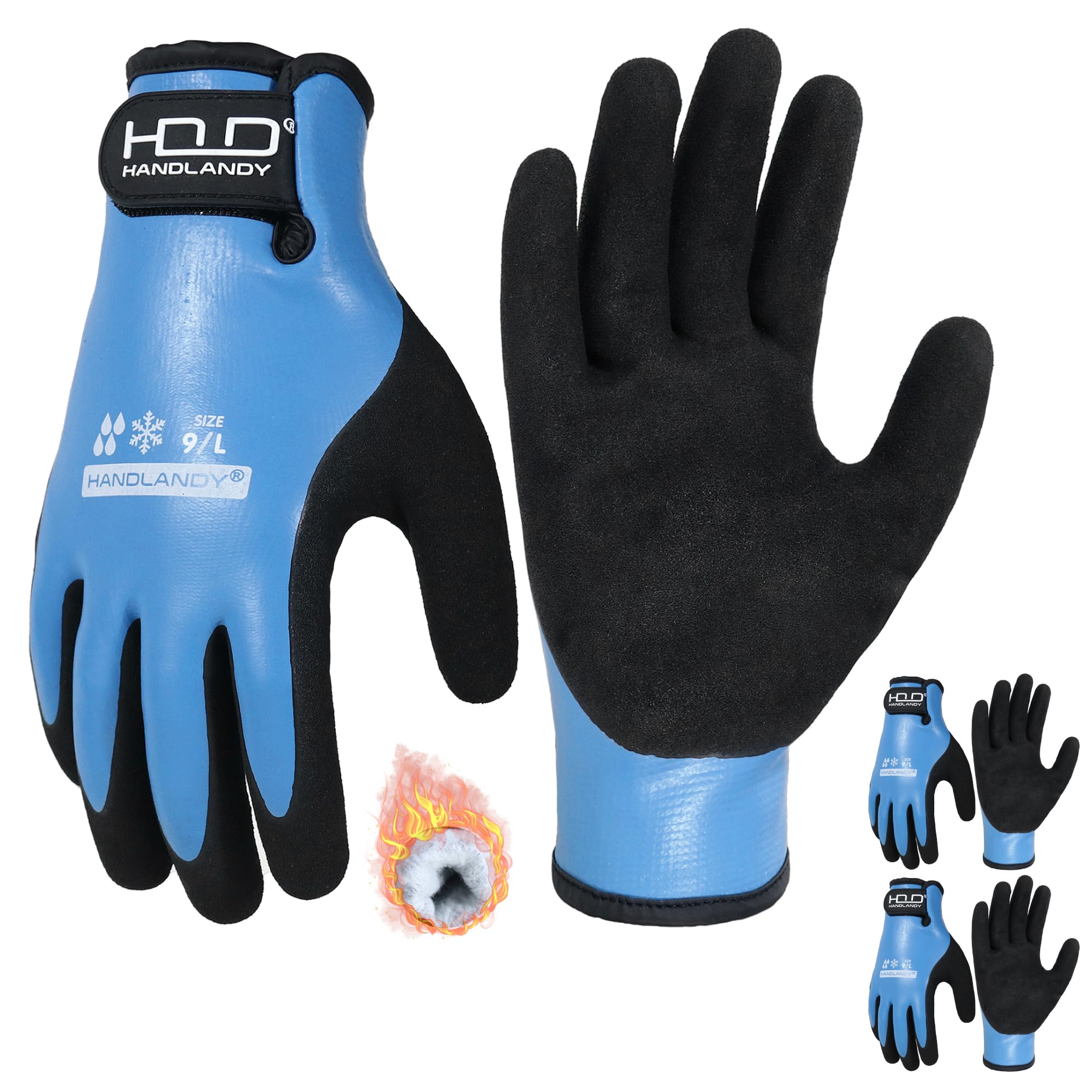 HANDLANDY 2 Pairs Winter Waterproof Work Gloves, Thermal Insulated Cold Weather Gloves with Grip for Men Women, for Freezer Fishing Warehouse (Black-Blue, L) — image 1