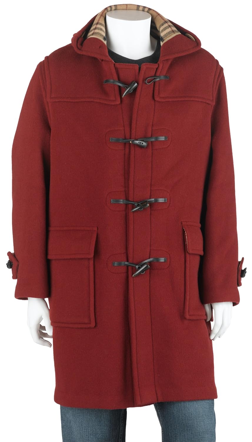 BURBERRY Men's Full Length Wool Duffle Coat with Hood, Burnt Red, Size