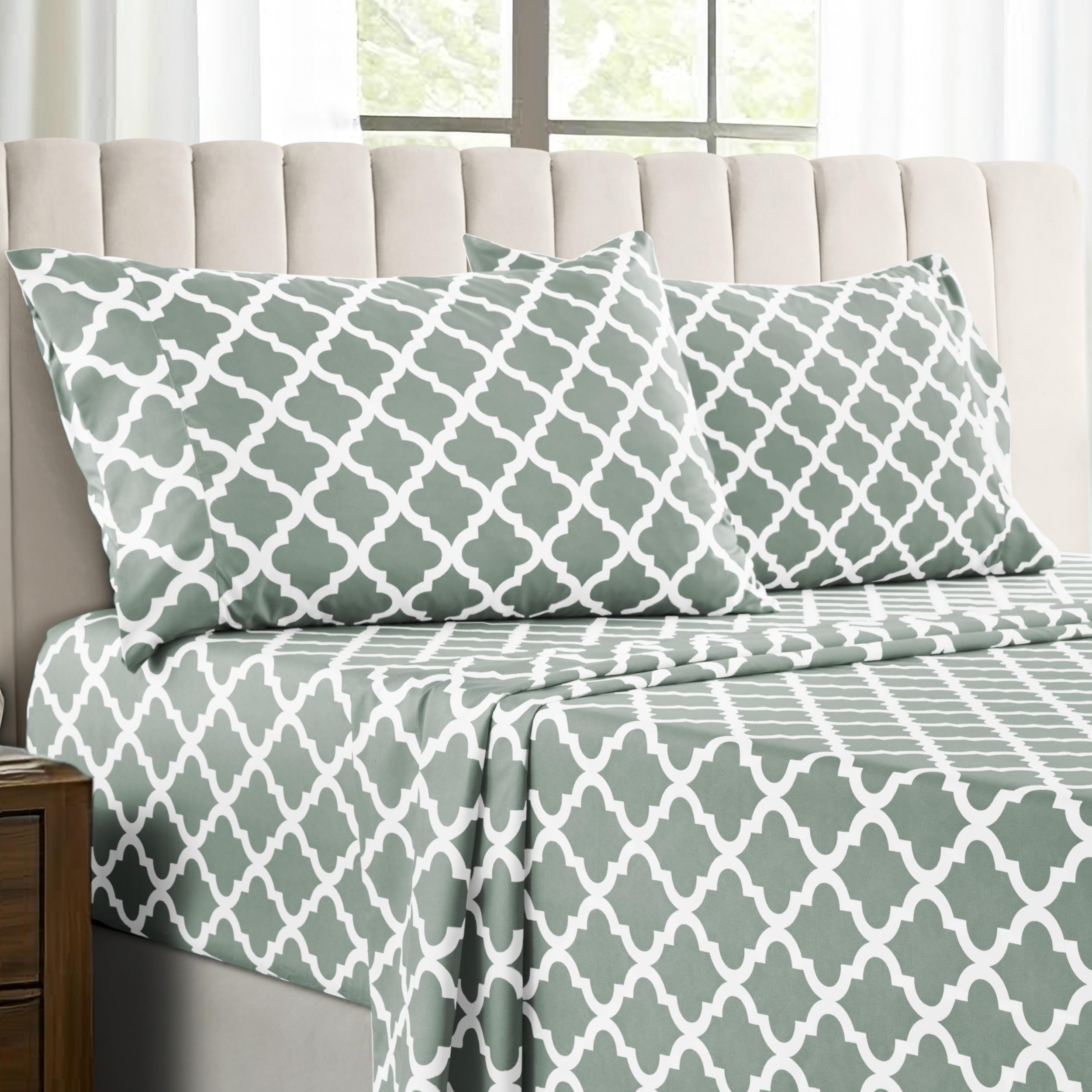 Photo 1 of Lux Decor Cal King Size Bed Sheets Set, 4-Pc Cooling, Breathable Hotel Style Sheets, Microfiber Sheets Deep Pockets, Easy-Fit, Soft & Wrinkle Free Oeko-Tex Quatrefoil Bed Sheets (Cal King, Grey)