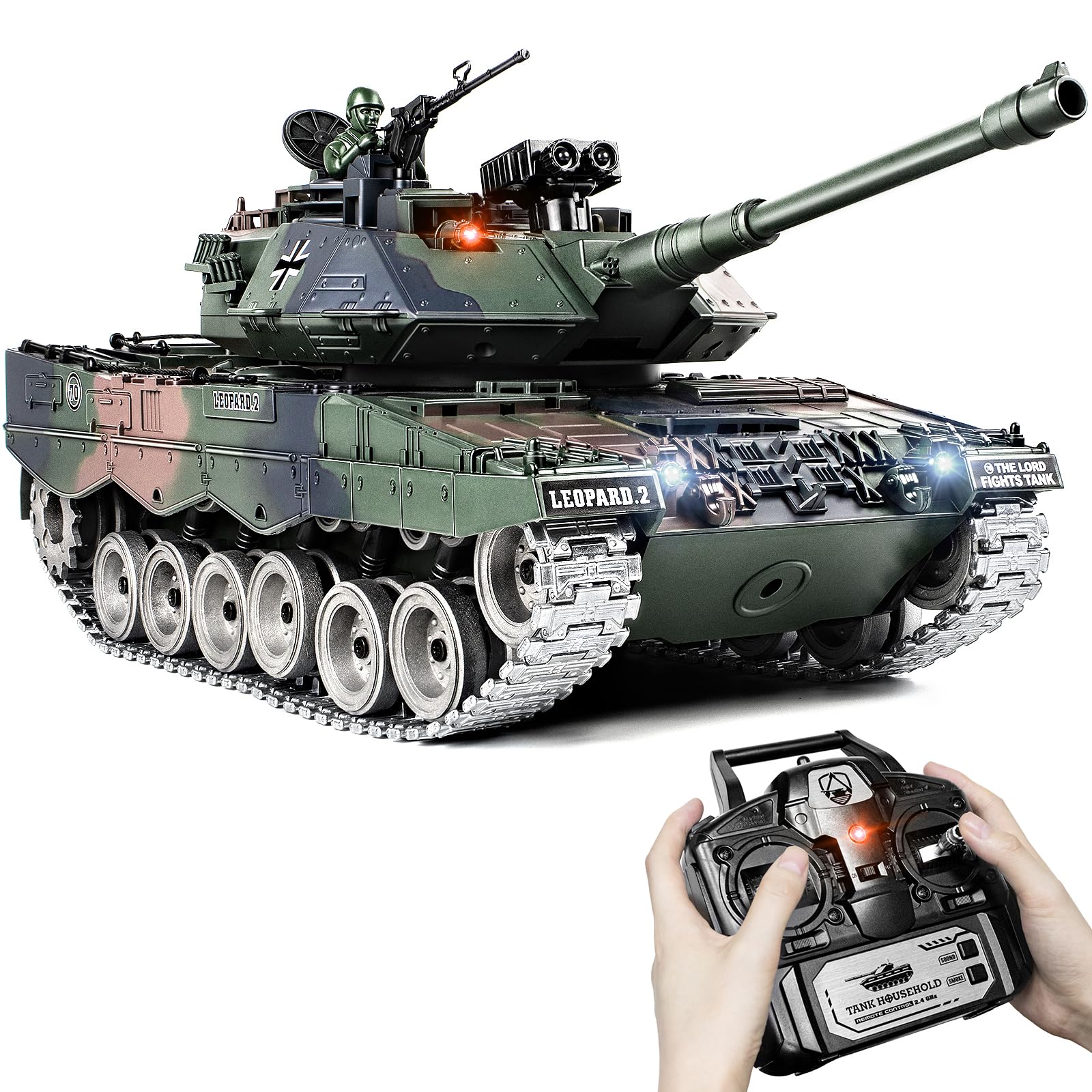 Supdex 1:18 RC Tank, 2.4Ghz Metal German Leopard II Remote Control Model Toys, RC Vehicle Military Tank That Shoots BBS and Water Bombs, Army Toy for Adults and Kids with Smoke, Lights, Sound, Recoil