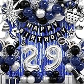 29th Birthday Decorations for Men and Women, Black Blue Silver Happy Birthday Number 29 Balloons, Banner, Fringe Curtains Garland Kit - 29 Year Old Party Supplies