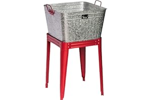 BACKYARD EXPRESSIONS PATIO · HOME · GARDEN Metal Beverage Tub Cooler with Stand, Planter, Washbin - Rustic Grey w/Red Base - Backyard Expressions