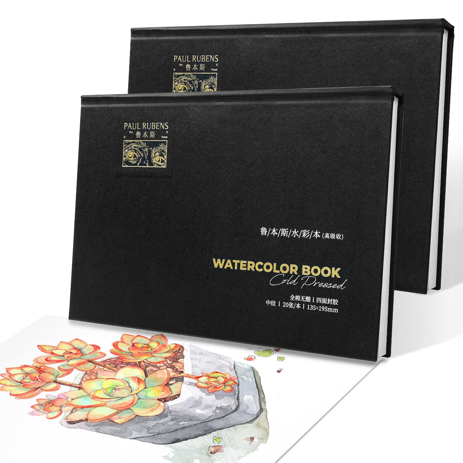 Paul Rubens Watercolor Sketchbook, High Absorptio, Artist Quality Cold Pressed Watercolor Paper pad for Watercolors and Wet Media Block, 100% Cotton, 7.87x5.43'', 140lb, Pack of 2 (40 Sheets)