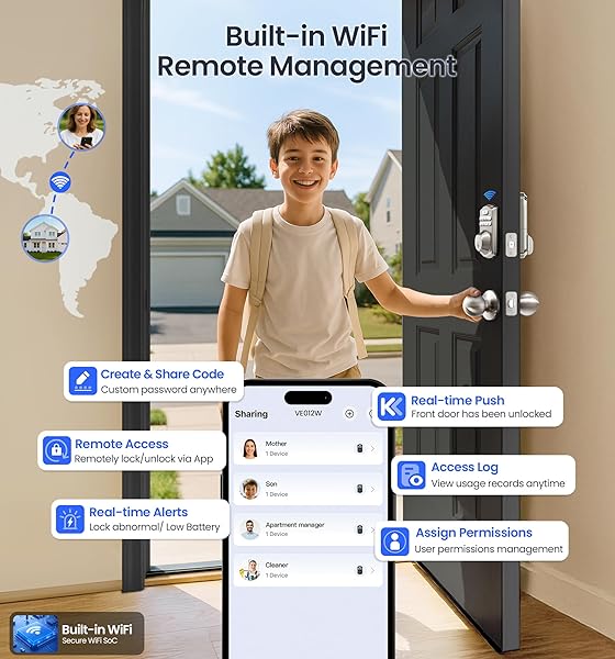 VEISE VE012W BUILT-IN WIFI FINGERPRINT SMART LOCK, APP REMOTE CONTROL, NO HUB NEEDED, KEYLESS ENTRY, FRONT DOOR SMART DEADBOLT, DIGITAL KEYPAD, AUTO LOCK, IP55 WATERPROOF, BHMA GRADE 3, SATIN NICKEL