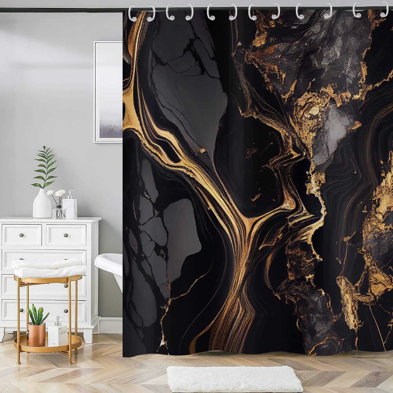 ASDCXZ Marble Shower Curtain 180x180 cm, Waterproof Fabric Shower Curtains, Modern Abstract Black Gold Marble Optic Texture Outdoor Washable Polyester Bathroom Curtain with 12 Hooks