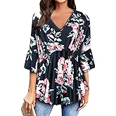 MOQIVGI Womens 3/4 Sleeve V Neck Floral Blouses Dressy Trendy Casual Babydoll Tops