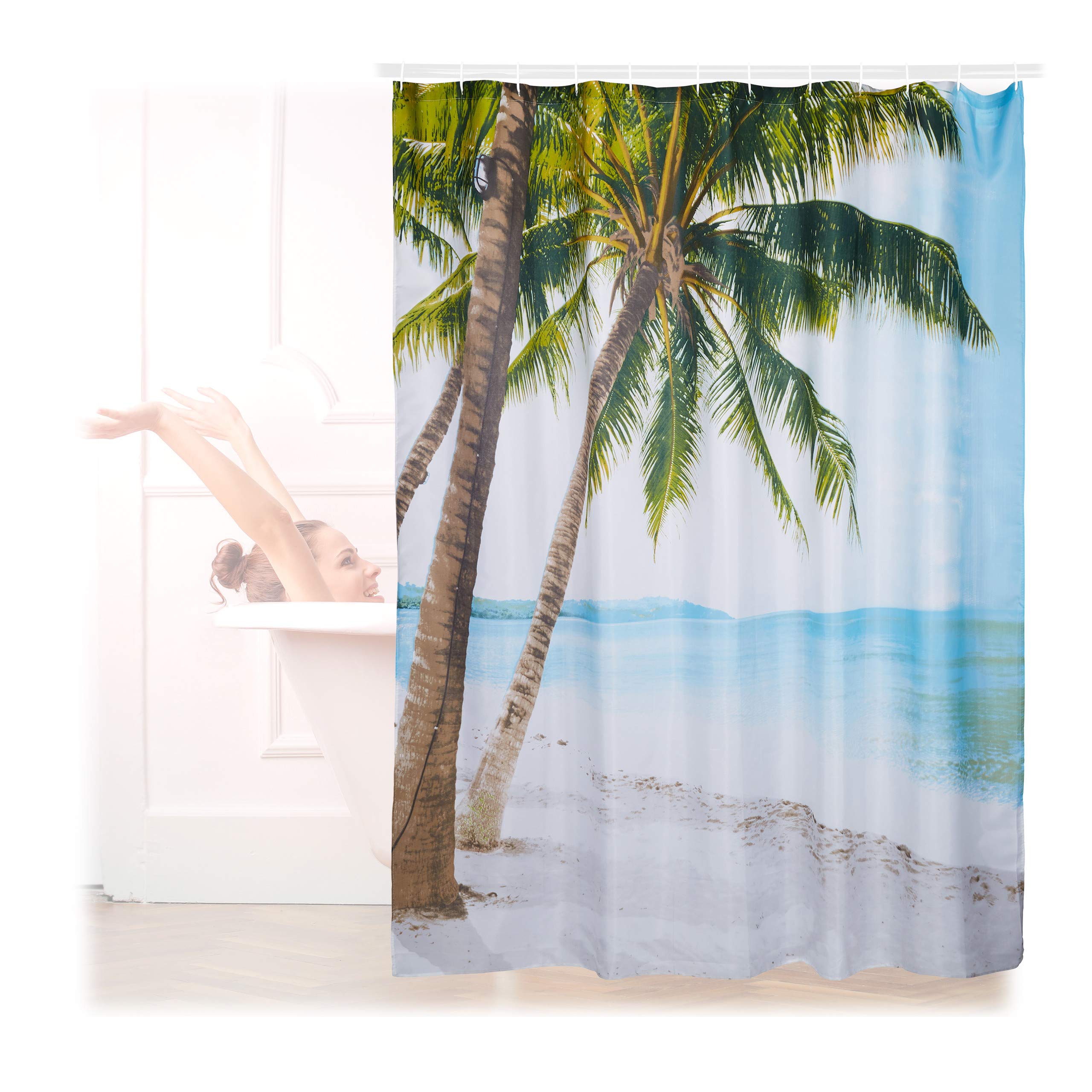 Relaxdays Shower Curtain with Beach Motif, Polyester, Washable, Anti-Mould, Bathroom Curtain 180x180cm, Colourful