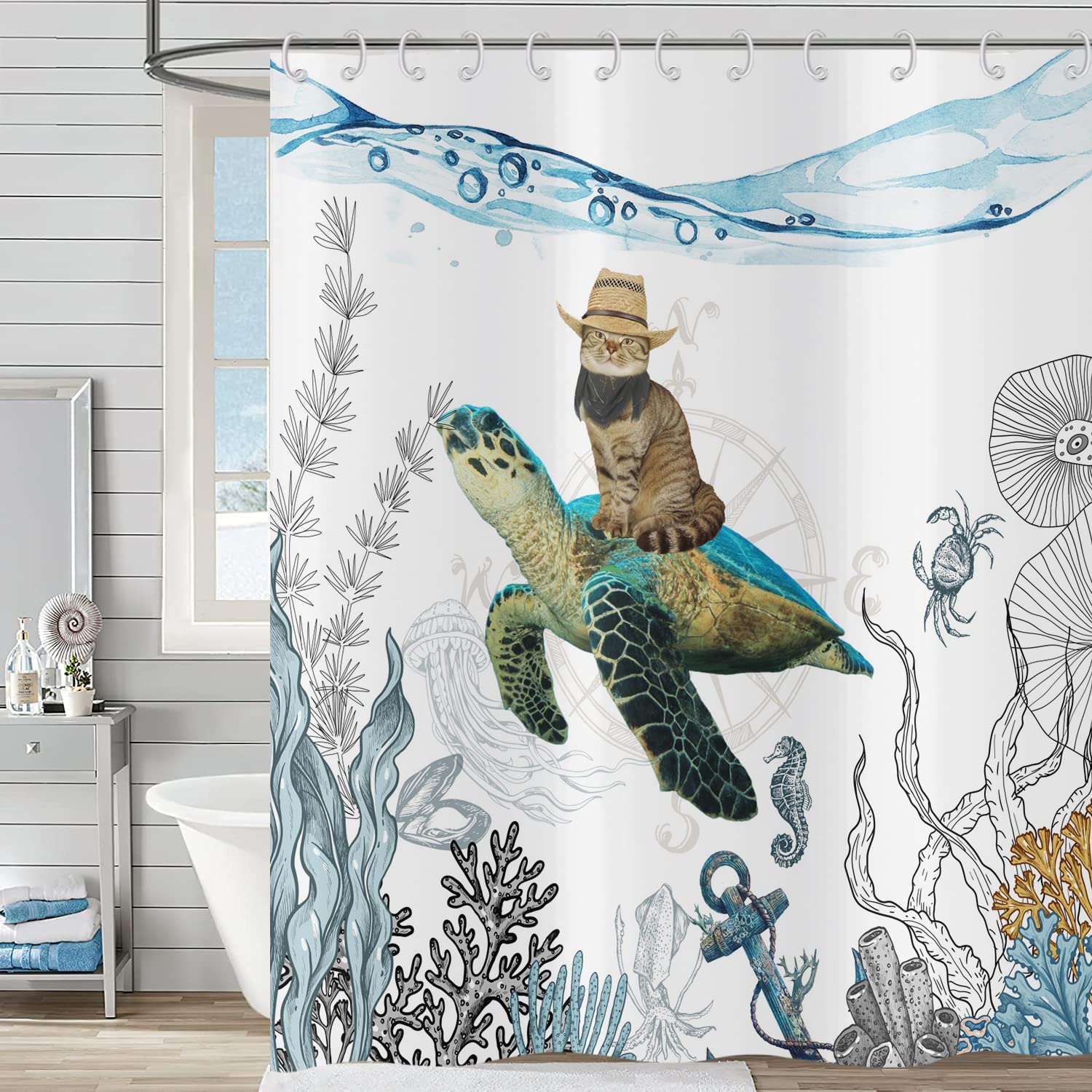 Hnmdmyi Funny Shower Curtain 180x180, Cute Cowboy Cat Riding Sea Turtle Bathroom Curtains Ocean Underwater Landscape Coral Reef Marine Animal Kids Waterproof Polyester Fabric Washable Bath Curtains — image 1