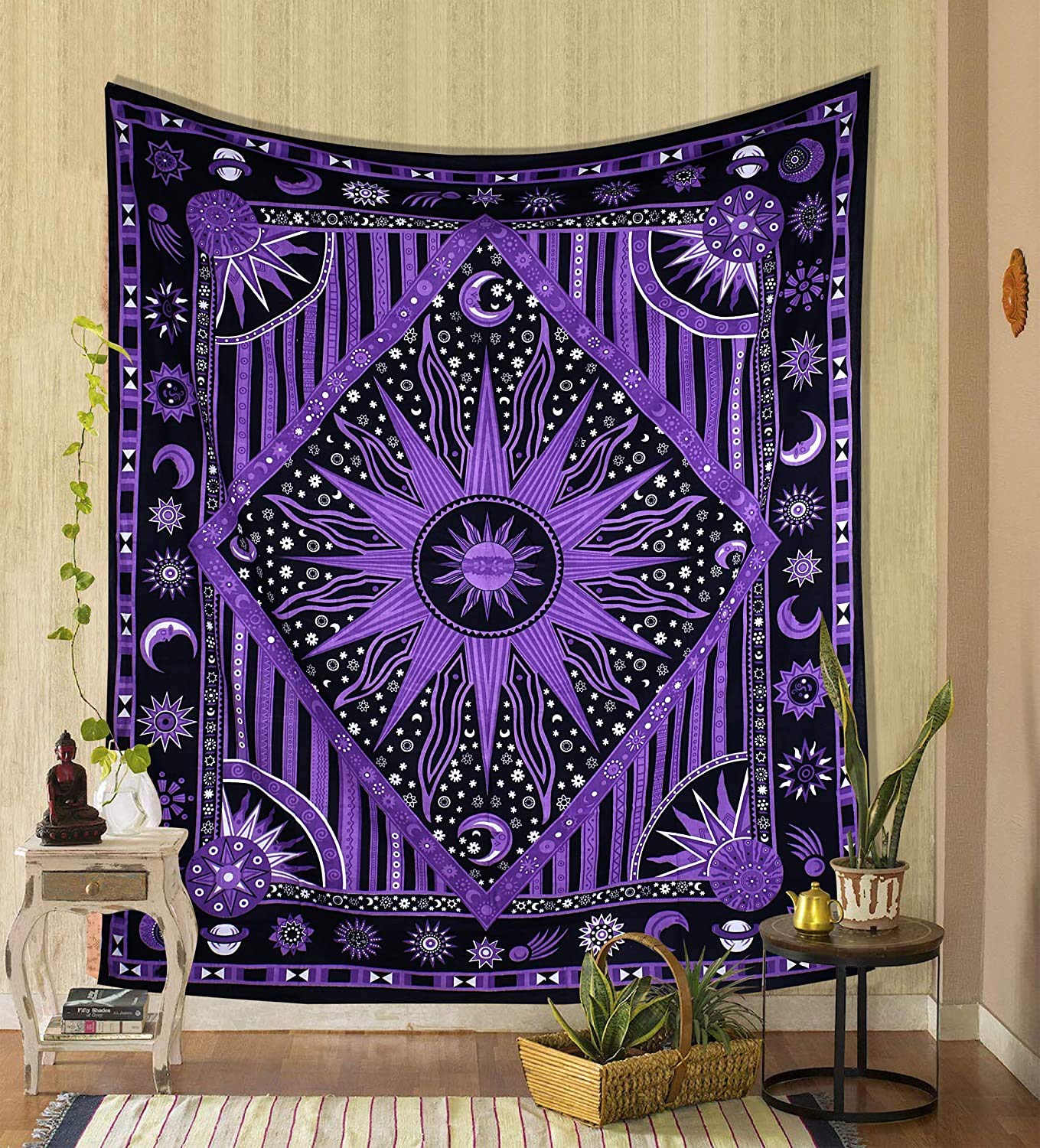 THE ART BOX Orange Celestial Sun and Moon Tapestry – Mandala Cotton Wall Hanging for Bedroom or Living Room