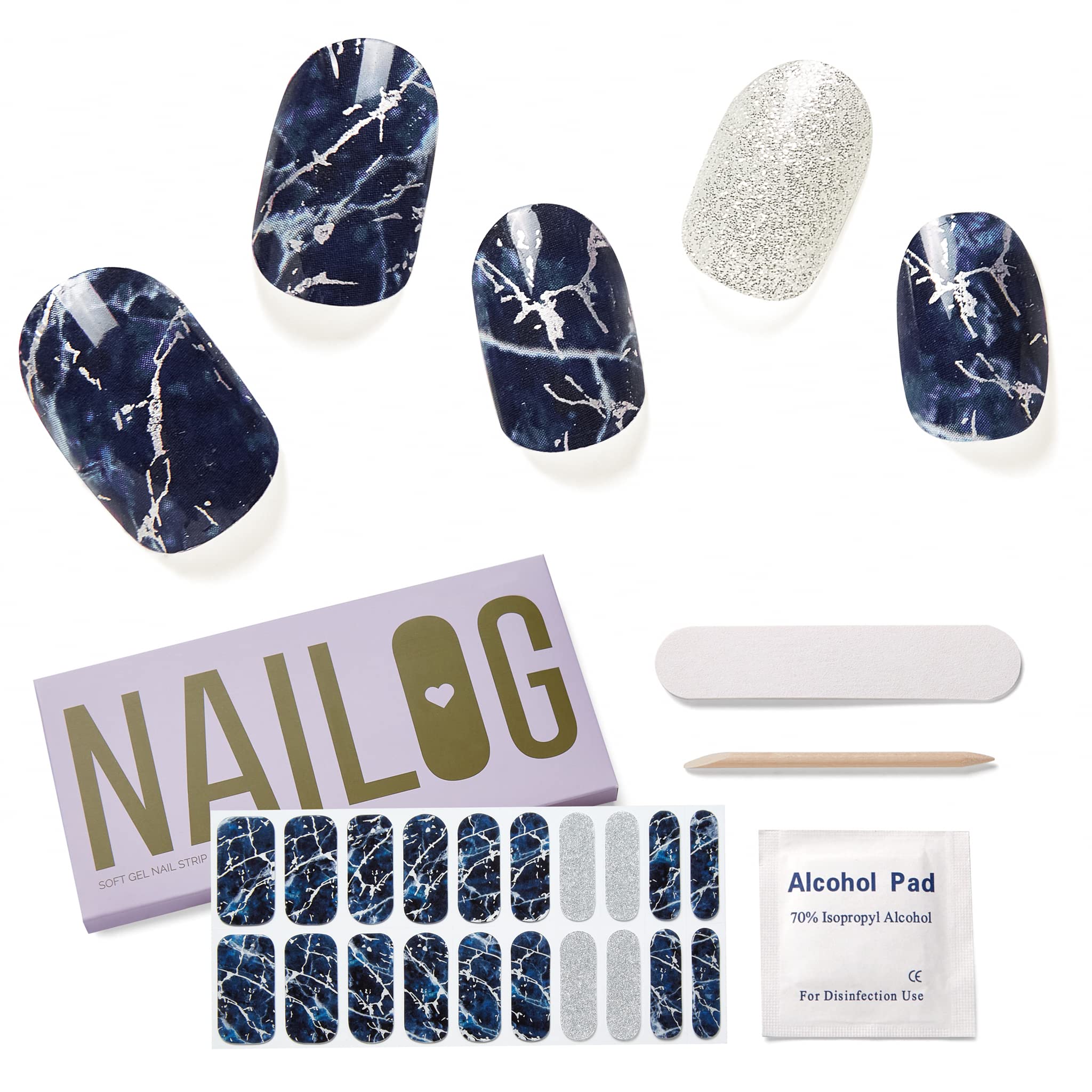 NAILOG Semi Cured Gel Nail Strips, Extra Long Nail Polish Strips (20 Pieces), Long Lasting Semi Cured Nail Stickers with Soft Glossy Gel Finish, Stormy Night