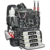 MATEIN Fishing Backpack with 4 Tackle Boxes, Fishing Bag with Rod Holder | 3600 Tackle Box 4 Pack, Water Resistant Tackle Backpack with Cooler Compartment, Safety Compass, Gifts for Fishermen