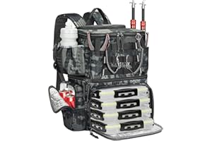 MATEIN Fishing Backpack with 4 Tackle Boxes, Fishing Bag with Rod Holder & Safety Compass & Cooler, Gifts for Fishermen