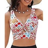 GRAPENT Bikini Tops for Women Cropped Tankini Tops Floral Printed Beach Padded Knot Twist Cut Out Bathing Suit Top Only