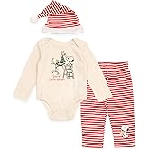 Peanuts Christmas Baby Bodysuit, Pants and Velour Santa Hat 3 Piece Outfit Set Newborn to Infant Sizes (Newborn - 24 Months)