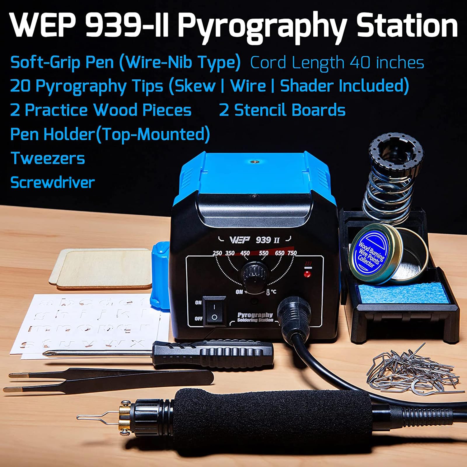 WEP 939-II Pyrography Station Wood Burning Kit 32-IN-1 with 20 Wood Burner Tips Comfort Pen with 2 Letter Number Stencils, 2 Unfinished Wood, 1 Pen Holder Woodburning Tools