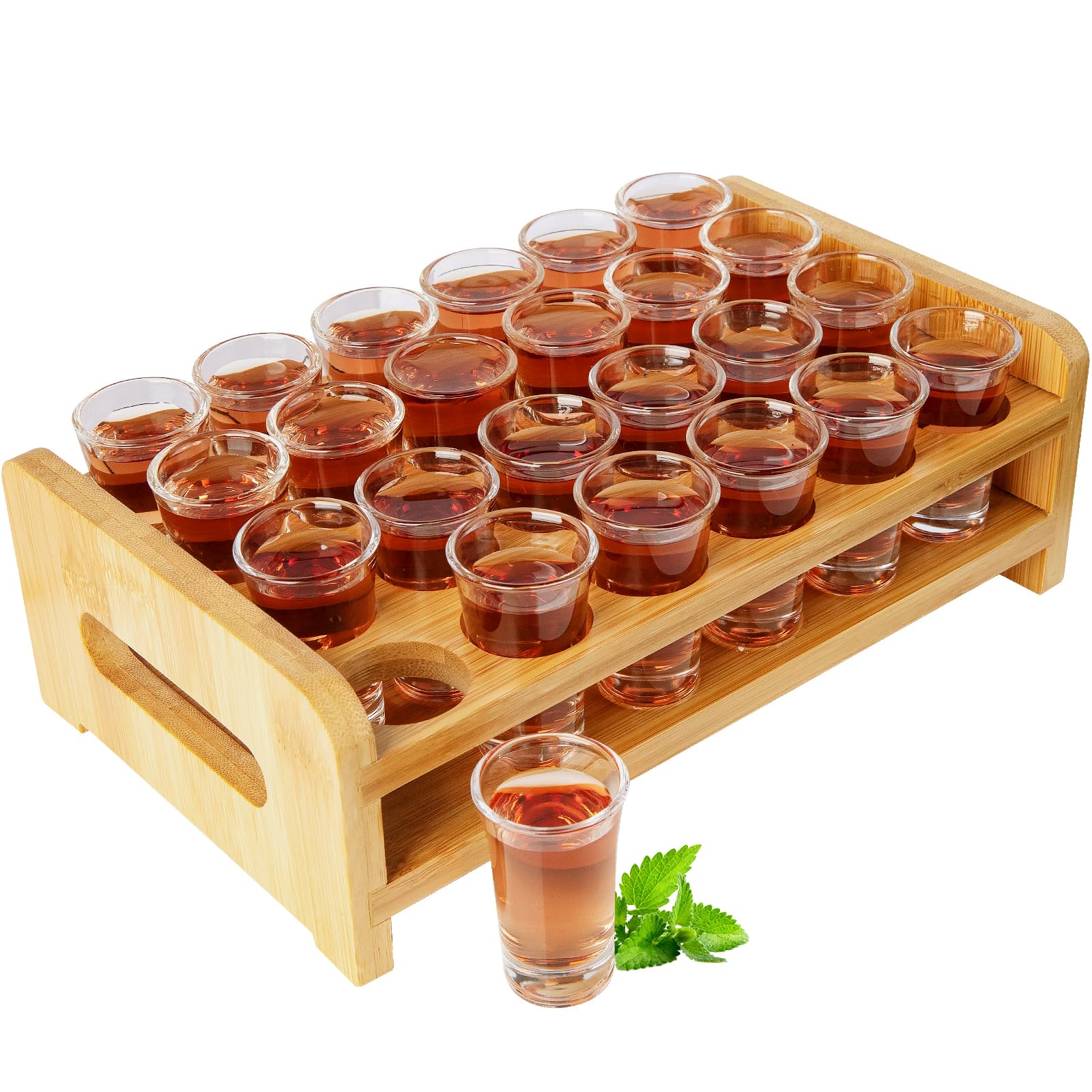 SuproBarware Shot Glasses Set 0.5 Oz-0.66 Oz/15 Ml-20 Ml Cocktail Holder and Shot Glass Mini 24 pcs Drinks Serving Board Organizer with Clear Glass for Liquor Shots Whisky Brandy Vodka Rum